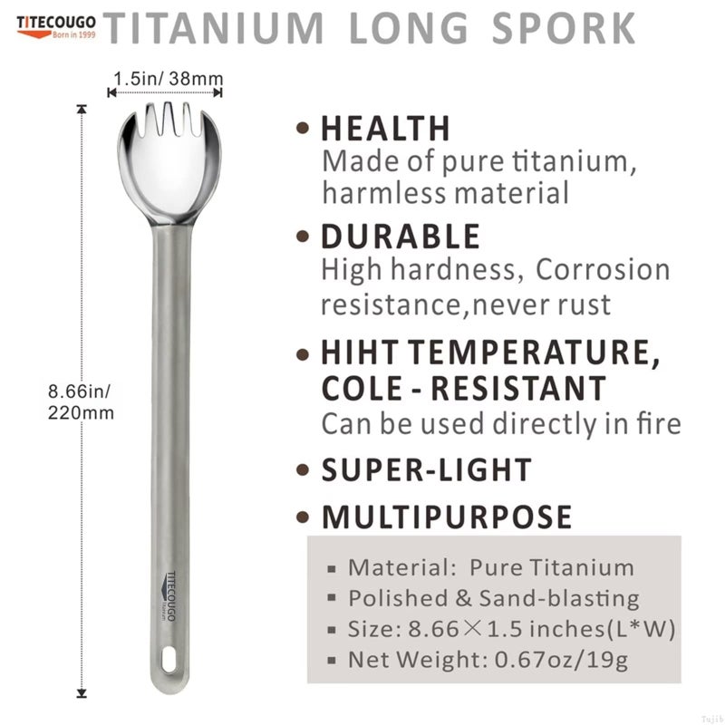 TITECOUGO Titanium Spork, Camping Long Spork Titanium Multitool Lightweight Camp Outdoors Hiking Travel Convenient Picnic Spoon Fork for Men Women Portable Flatware 1 pack - Image 2